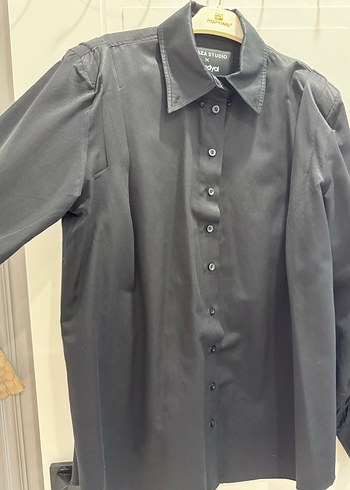 Düğmeli Siyah Keten Uzun Kollu Gömlek - Görsel 6