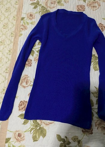 V Yaka Lacivert Örgü Kadın Kazak - Görsel 2