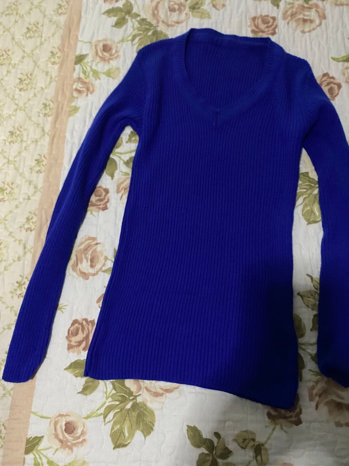 V Yaka Lacivert Örgü Kadın Kazak - Görsel 2