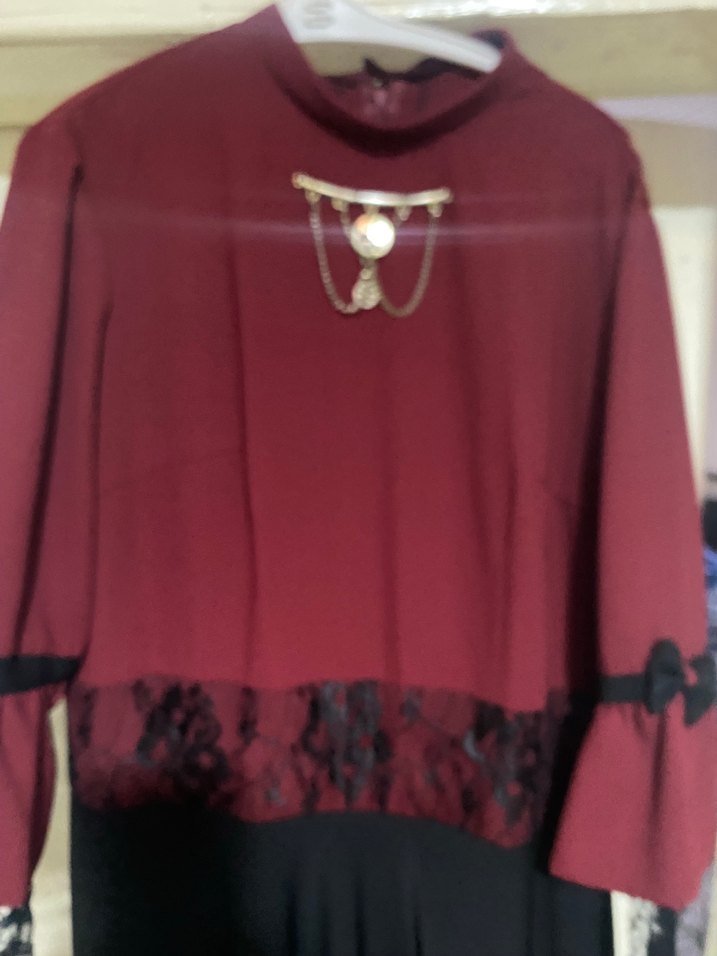 Bordo ve Siyah tül Detaylı Uzun Gotik Elbise - Görsel 3