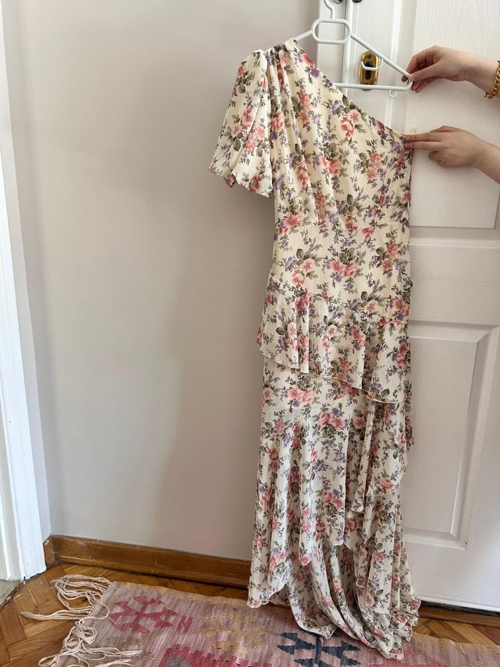 Çiçek Desenli Tek Omuz Uzun Elbise - Görsel 2