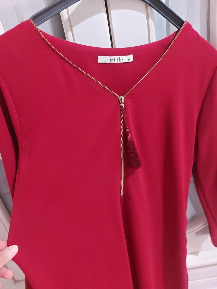 Bordo V Yaka Püsküllü Elbise - Görsel 2