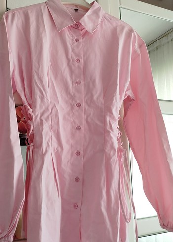 Pembe Uzun Kollu Keten Kadın Gömlek