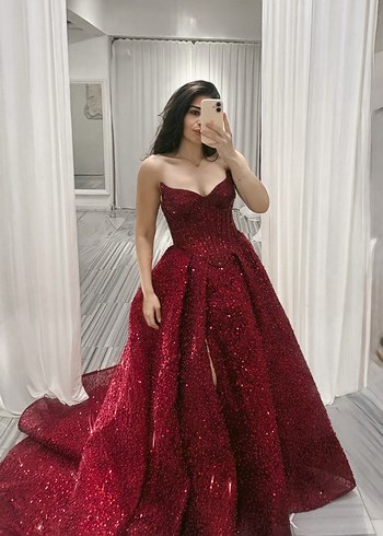 Bordo Straplez Parlak Abiye Elbise