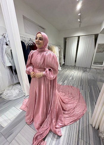 Pembe Uzun Kollu Drapeli Abiye Elbise