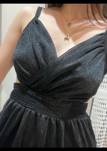 Siyah simli Straplez Midi Elbise - Görsel 4