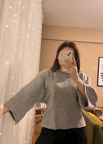 Gri Kadın Salaş Örgü Triko Kazak - Görsel 3