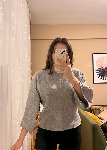 Gri Kadın Salaş Örgü Triko Kazak - Görsel 4