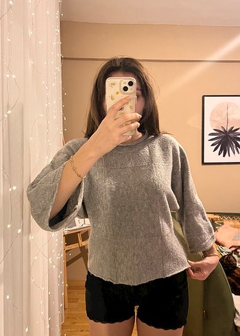 Gri Kadın Salaş Örgü Triko Kazak - Görsel 2