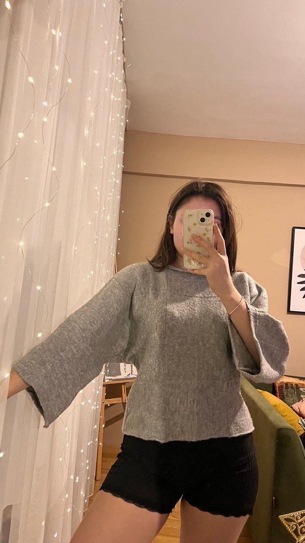 Gri Kadın Salaş Örgü Triko Kazak - Görsel 3