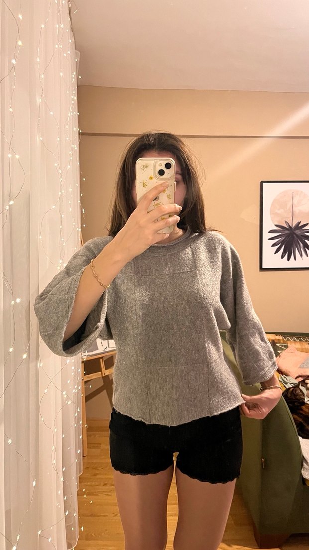 Gri Kadın Salaş Örgü Triko Kazak - Görsel 2