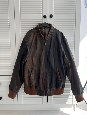 Oversize Vintage hakiki Deri ceket