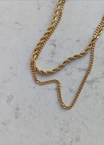 Tasarımcı 2li Çelik gold kolye 
