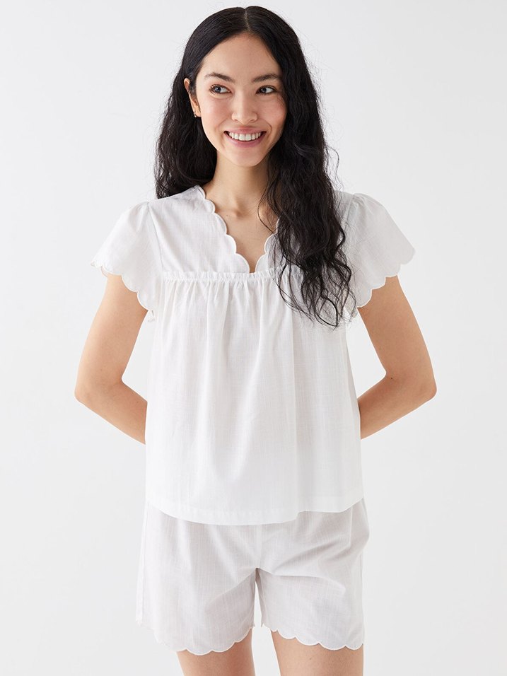 Pamuklu Keten Şortlu Kadın Pijama Takımı - Görsel 2