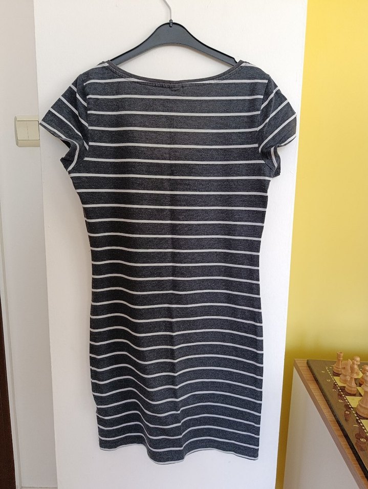 Gri Çizgili Kısa Kollu Yazlık Elbise - Görsel 3