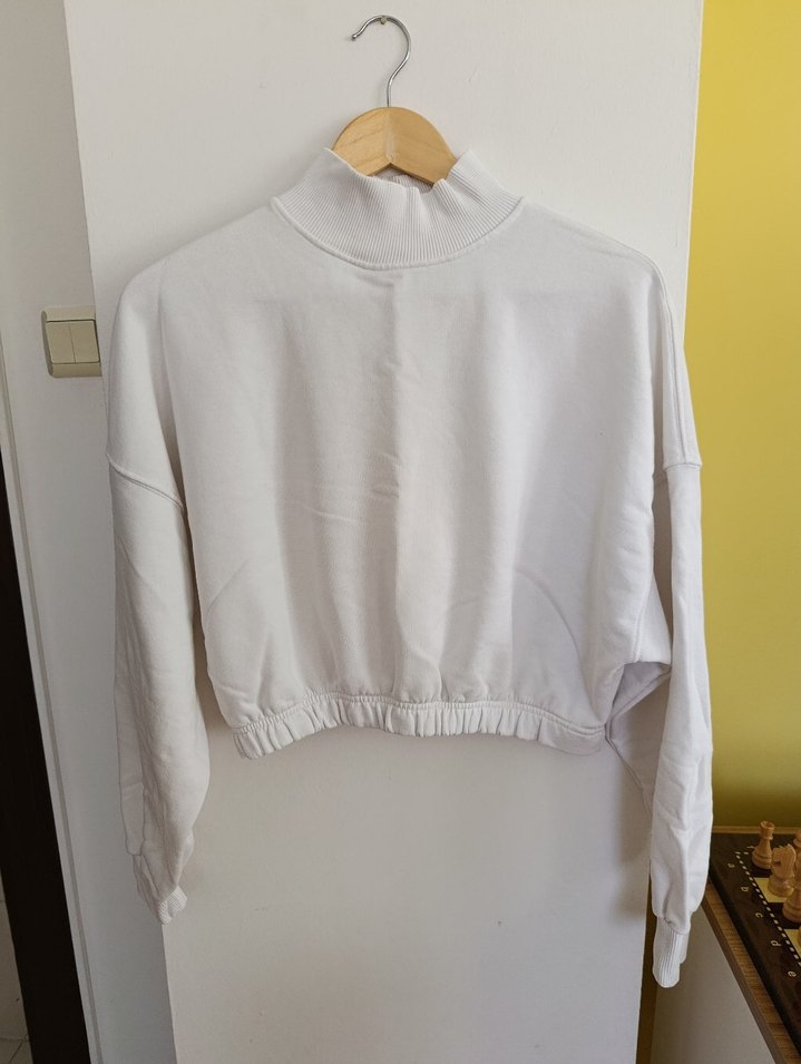 Beyaz Kadın Bisiklet Yaka Pamuk Sweatshirt - Görsel 2