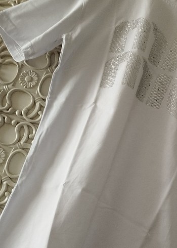 Beyaz Baskılı Pamuklu Kadın Tişört - Görsel 3