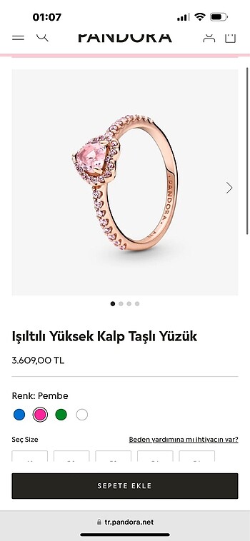 Pandora ışıltılı pembe kalpli taşlı yüzük