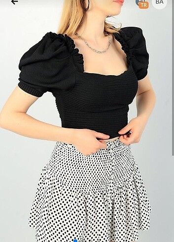Zara Siyah balon kol kalp yaka crop bluz 