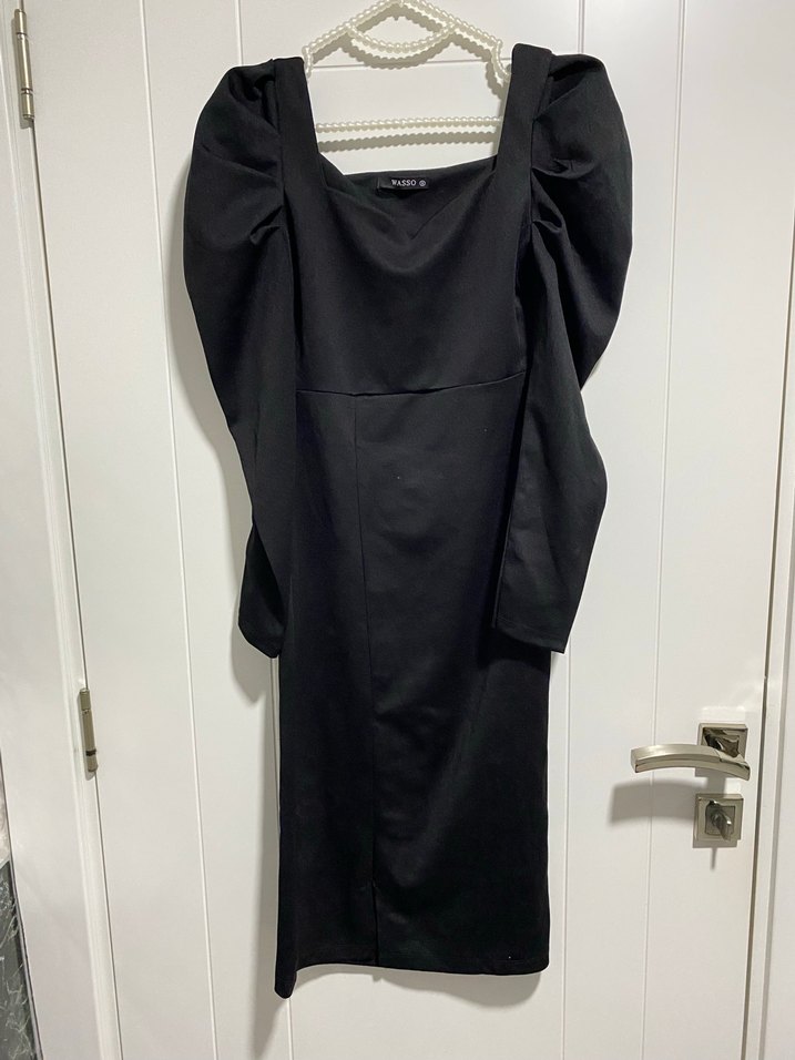 Uzun Kollu Drapeli Siyah Gece Elbisesi - Görsel 4