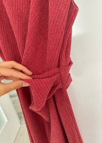 Kırmızı Keten Drapeli Uzun Elbise - Görsel 2