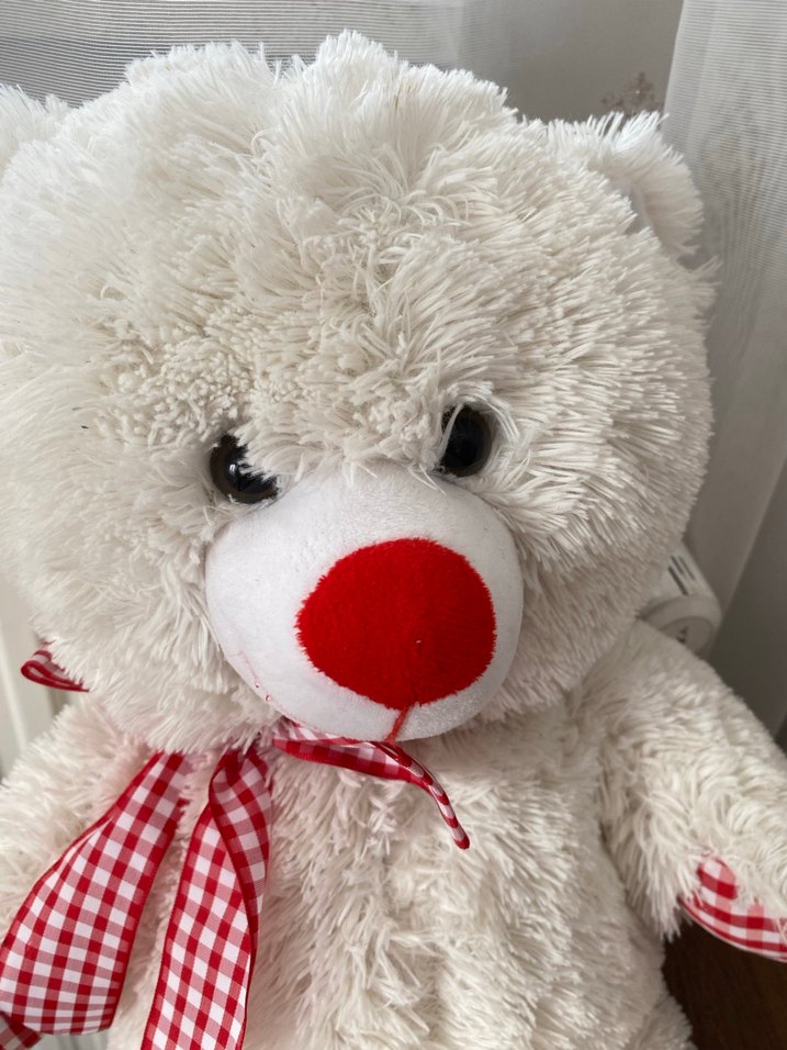 Kırmızı fiyonklu beyaz peluş ayı oyuncak - Görsel 2
