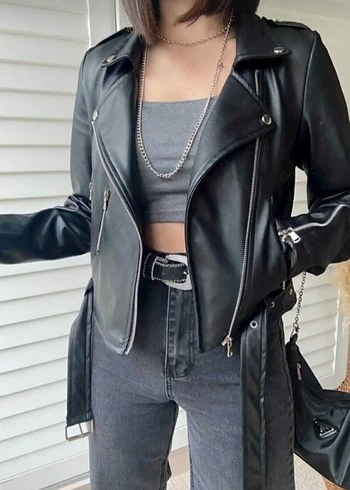 m Beden Kadın Deri Biker Ceket