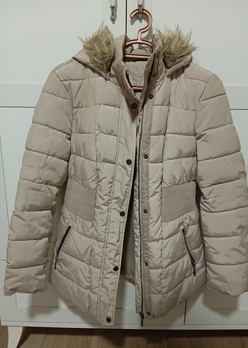 m Beden Bej Kadın Kışlık Kürklü Mont