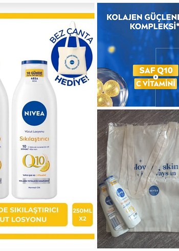 Nivea Q10 Vücut Losyonu 250ml x2 adet Kolajen Güçlend. bez çanta