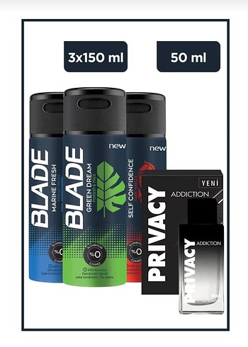 Blade Deodorant 3x150ml + Privacy Addiction parfüm 50ml yeni set