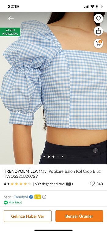 Trendyol & Milla MAVİ PÖTİKARE BALON KOL CROP BLUZ