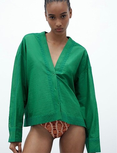 l Beden yeşil Renk Zara Kadın İşlemeli Gömlek