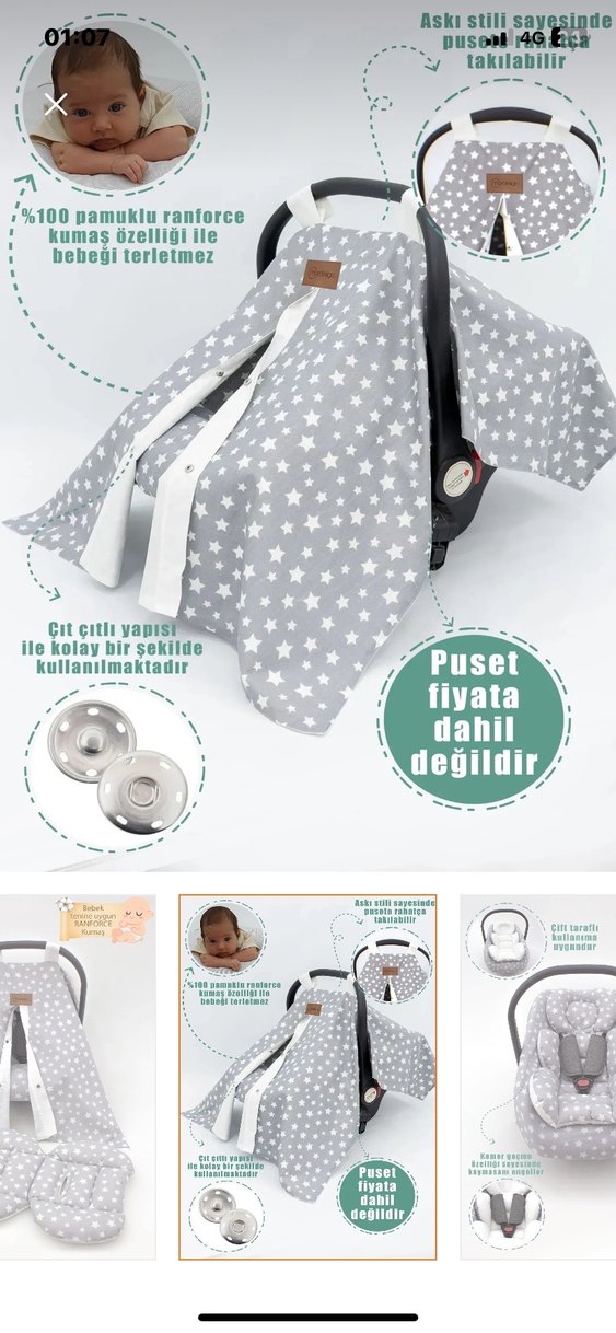 Gri Yıldız Desenli Bebek Puset Minderi - Görsel 3