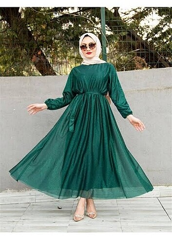 Diğer Zümrüt yeşilli Simli belden kuşaklı elbise