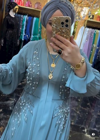 tesettüre uygun Mavi Uzun Kollu  ikili Abiye Elbise - Görsel 2