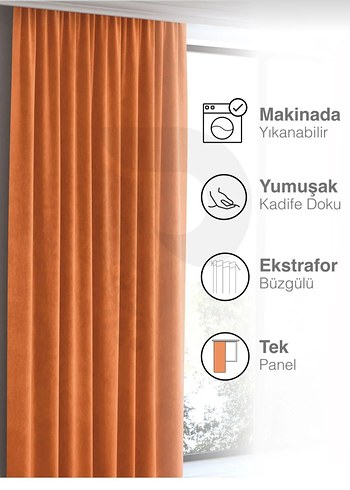 Turuncu Kadife Tek Panel Büzgülü Perde