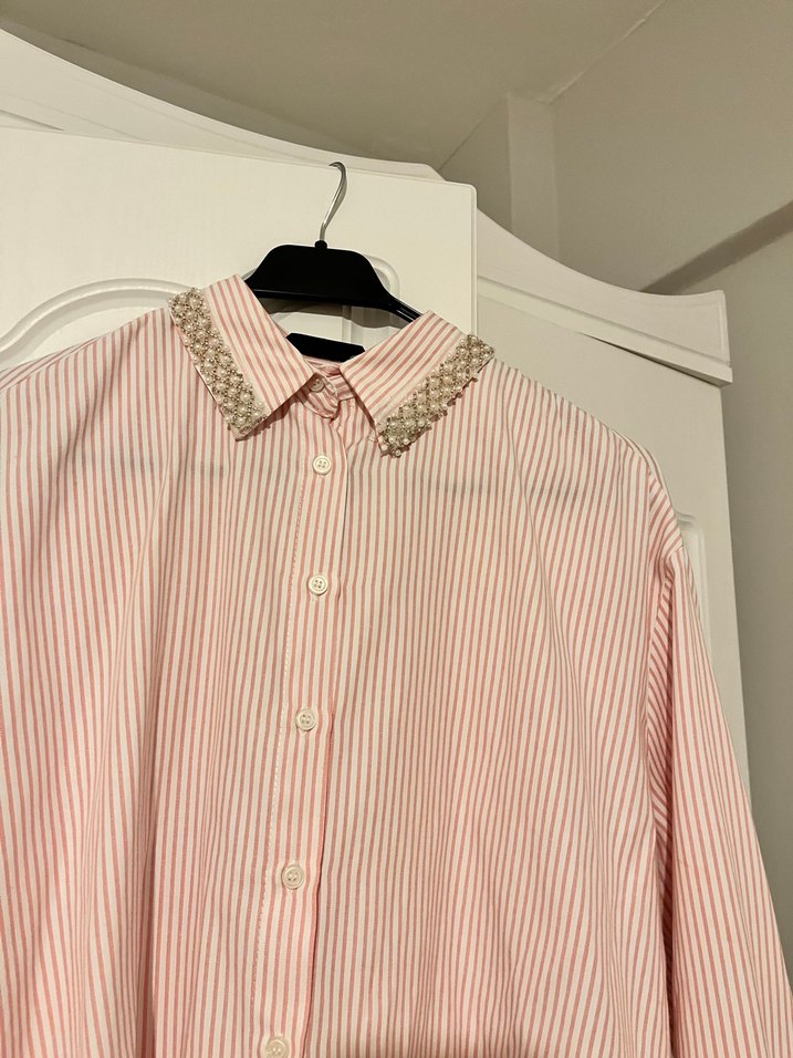 Defacto Pembe Çizgili Düğmeli Uzun Kollu Gömlek - Görsel 2