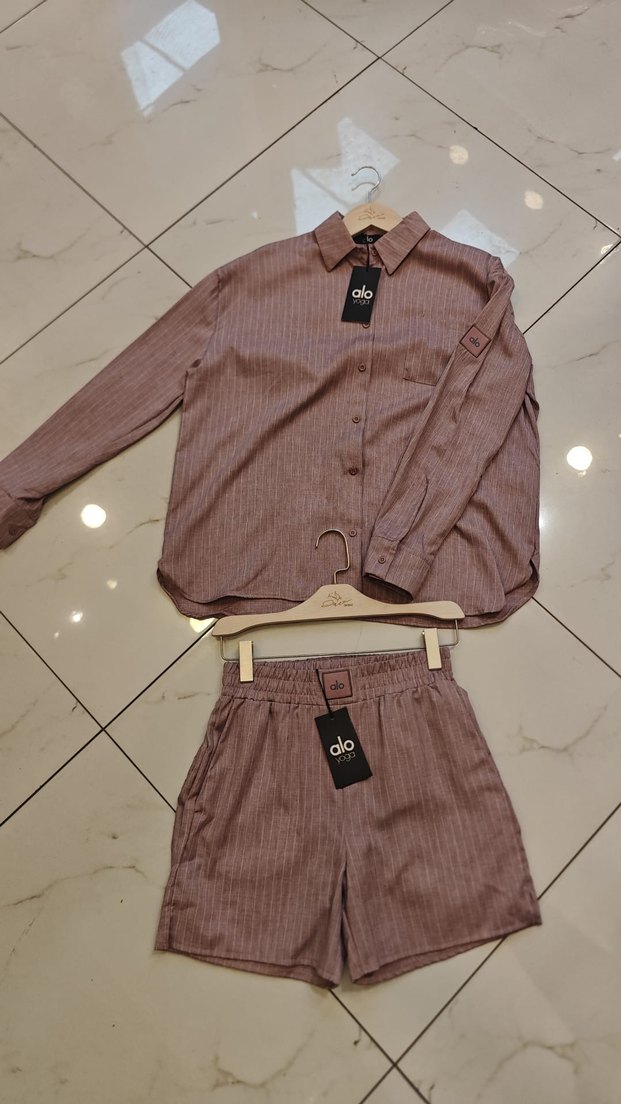 Alo Marka Çizgili Bej Kadın Gömlek ve Şort Takım - Görsel 3