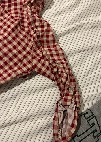 Bordo Kareli yarım Kollu Keten Gömlek - Görsel 4