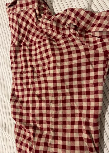 Bordo Kareli yarım Kollu Keten Gömlek - Görsel 3