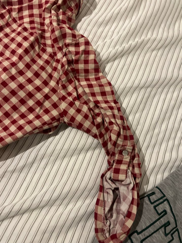 Bordo Kareli yarım Kollu Keten Gömlek - Görsel 4