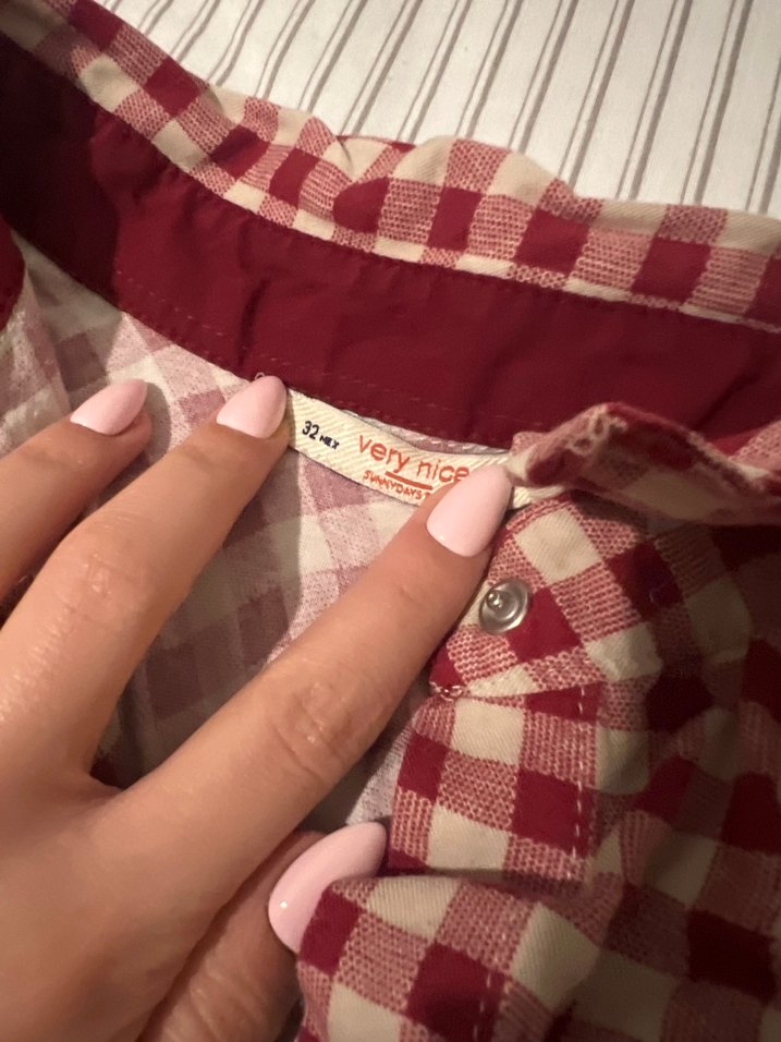 Bordo Kareli yarım Kollu Keten Gömlek - Görsel 2