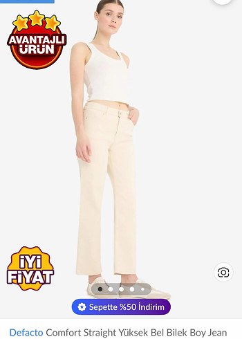 Defacto Krem Yuksek Bel Straight Jean