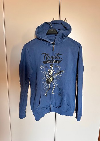 Erkek Mavi Kapüşonlu Fermuarlı Sweatshirt - Görsel 3