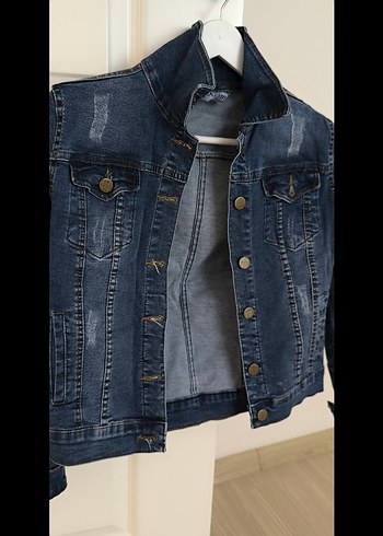 Düğmeli Koyu Mavi Kadın Denim Ceket - Görsel 5