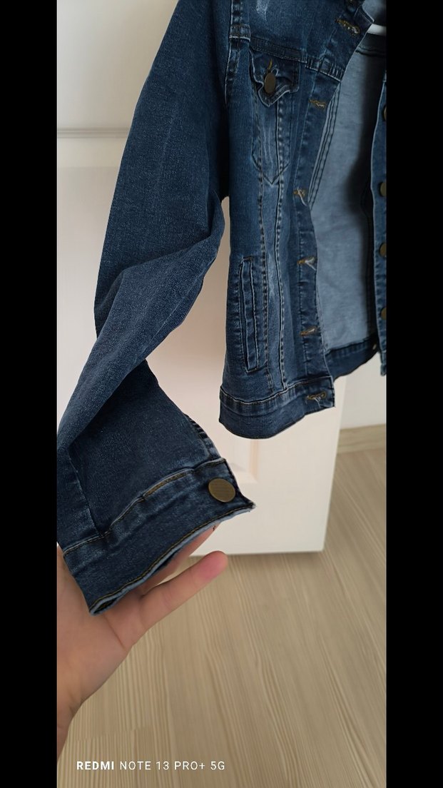 Düğmeli Koyu Mavi Kadın Denim Ceket - Görsel 4