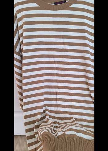 Bej Çizgili Pamuklu Kadın Triko - Görsel 4