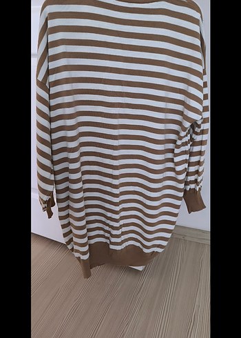 Bej Çizgili Pamuklu Kadın Triko - Görsel 5