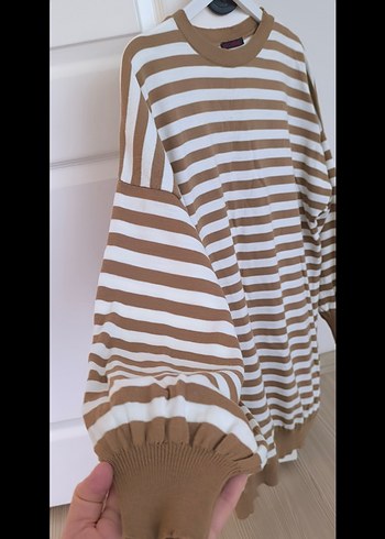 Bej Çizgili Pamuklu Kadın Triko - Görsel 2