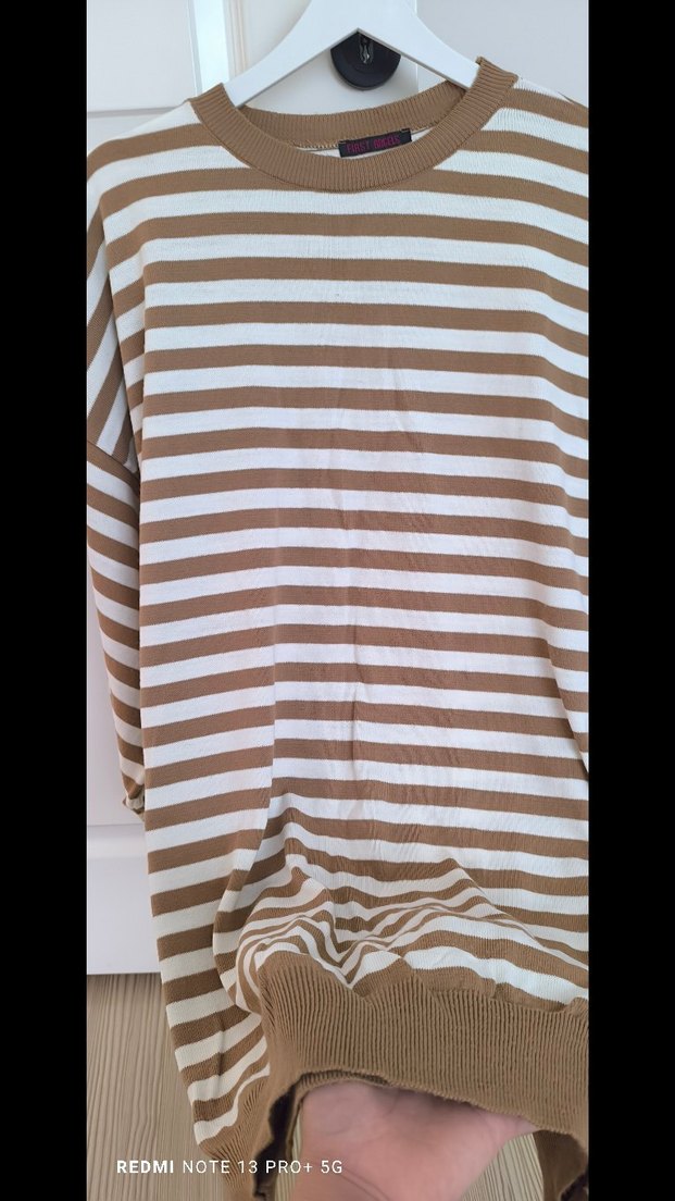Bej Çizgili Pamuklu Kadın Triko - Görsel 4